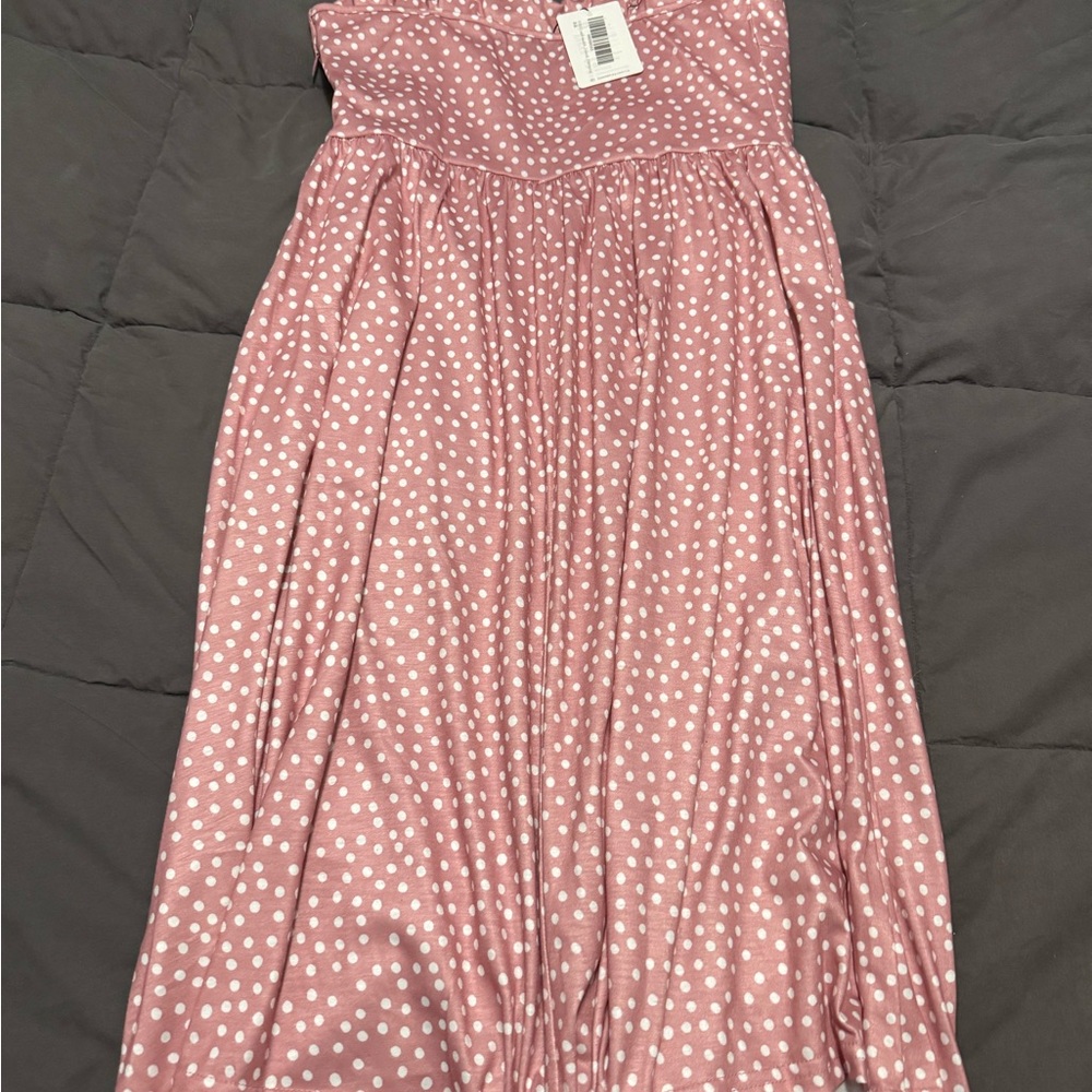 Elegant Mauve Polka Dot Midi Dress - Picture 4 of 7